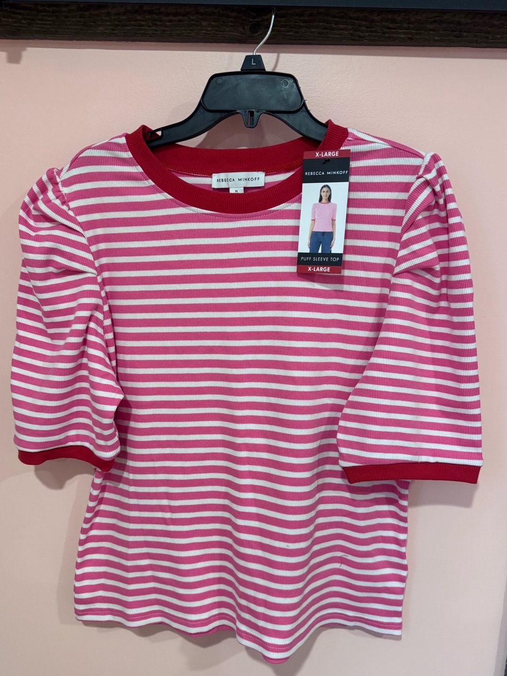 Rebecca Minkoff Pink & White Striped Puff Sleeve Tee with Red Trim